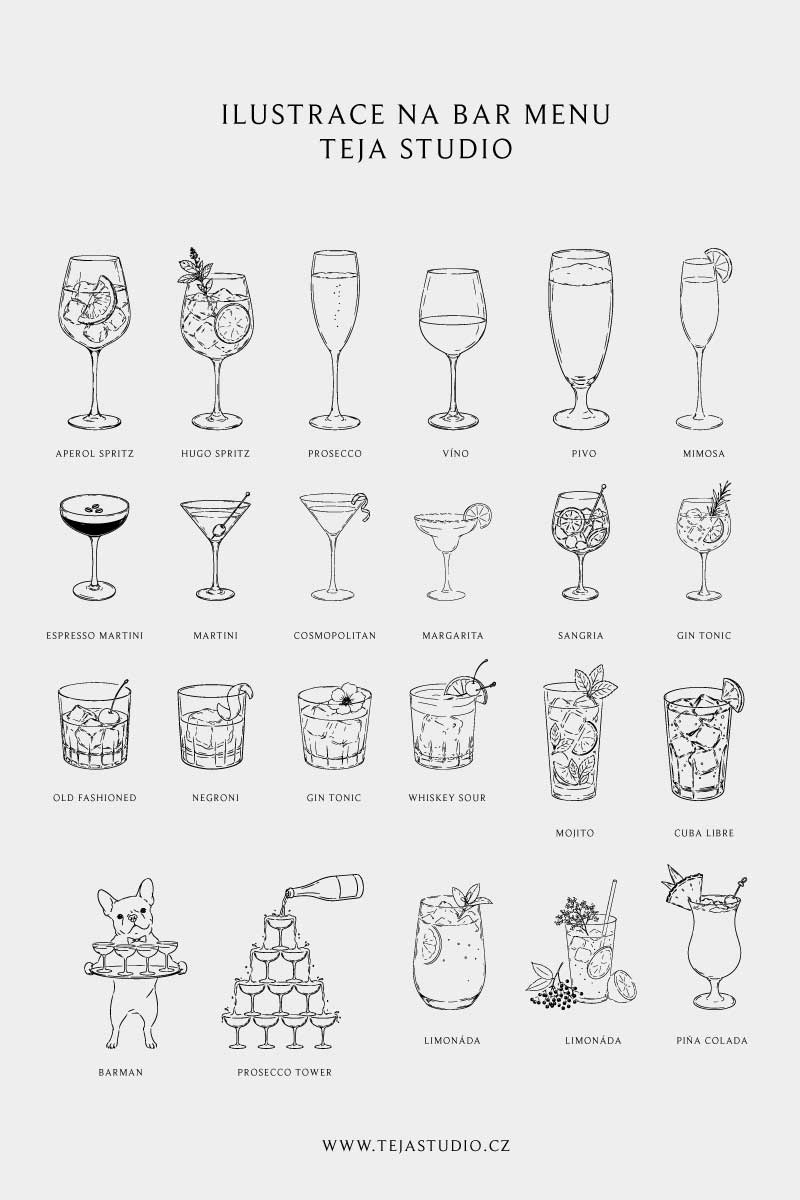 Ilustrace drinků na bar menu na svatbu